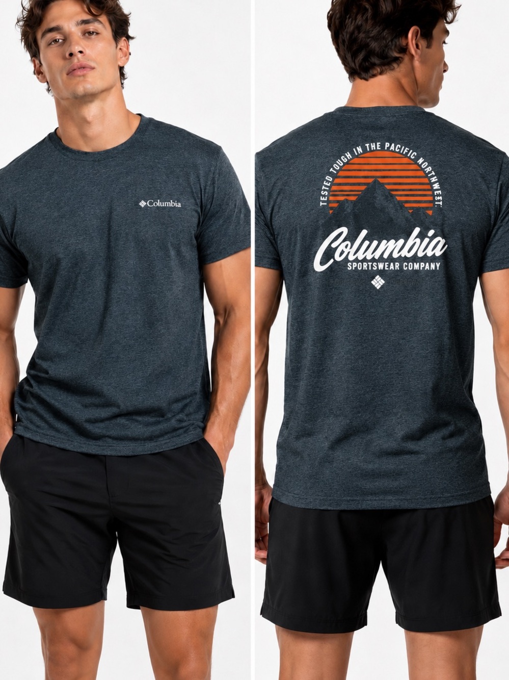 COLUMBIA Men's Heathered Dark Charcoal Grey Graphic Tee w Sunset Mountain Back